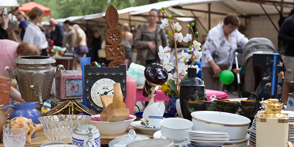 Flea market stall selling porcelain tableware