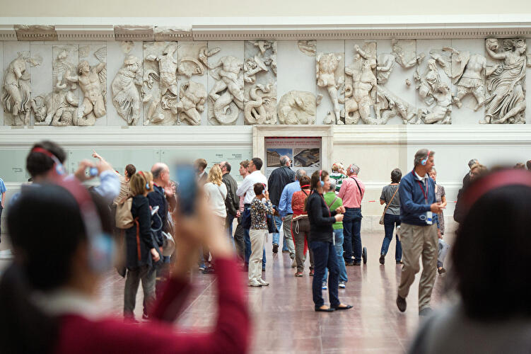 Visitors in the Altar Hall at the Pergamon Museum in Berlin