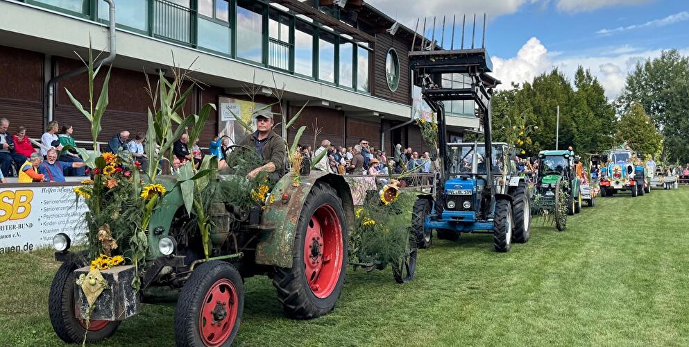Historische, festlich geschmückte Traktoren bei einem Ernte- oder Dorfumzug vor Zuschauern beim Havelländer Erntefest.