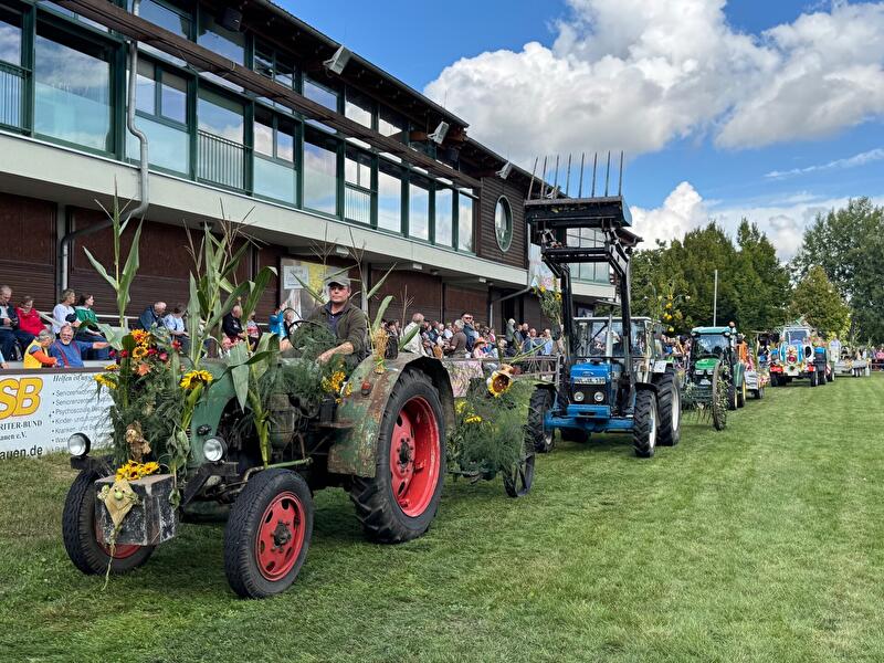 Historische, festlich geschmückte Traktoren bei einem Ernte- oder Dorfumzug vor Zuschauern beim Havelländer Erntefest.