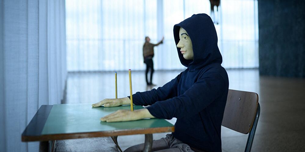 Hyperrealistische Skulptur einer sitzenden Person mit dunklem Kapuzenpulli und leerem Gesicht an einem Schultisch, im Hintergrund die Glasfassade der Neuen Nationalgalerie.