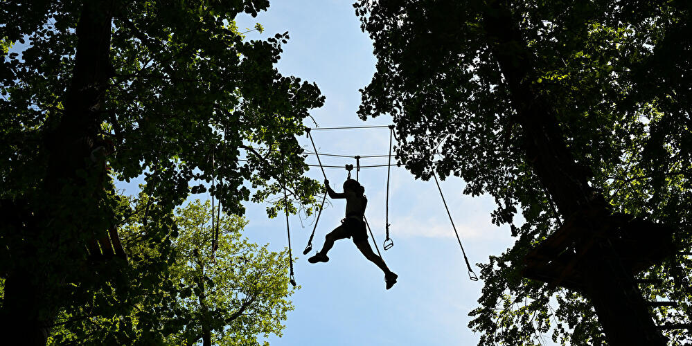Person im Kletterwald überquert ein Seilelement zwischen Bäumen.