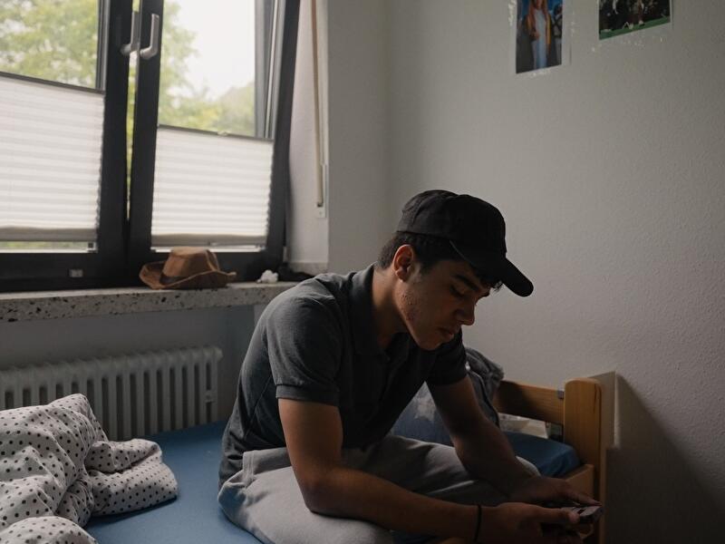 Person sitzt auf einem Bett in einem schlichten Zimmer und blickt auf ein Smartphone in den Händen.