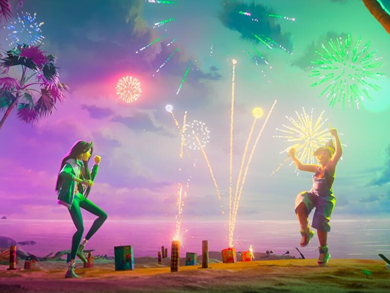 Zwei animierte Figuren feiern am Strand unter buntem Feuerwerk am Abendhimmel.