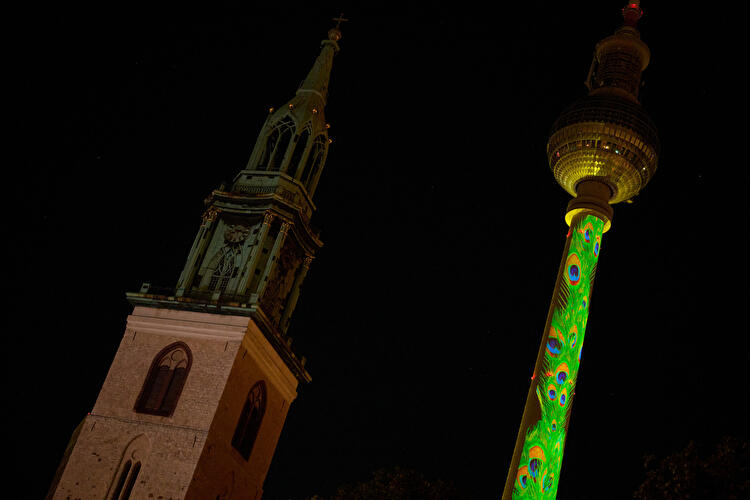 Fernsehturm mit Pfauenfeder-Projektion neben der Marienkirche bei Nacht.