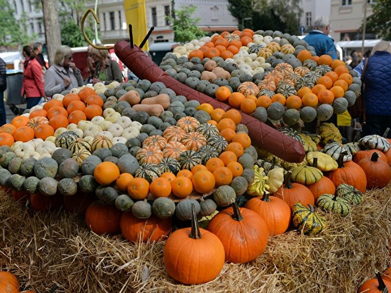 Künstlerische Schmetterlingsfigur aus zahlreichen orangefarbenen, weißen und grünen Kürbissen auf Strohballen bei einem Fest.