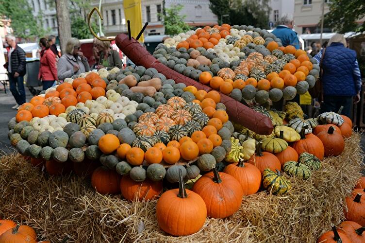 Künstlerische Schmetterlingsfigur aus zahlreichen orangefarbenen, weißen und grünen Kürbissen auf Strohballen bei einem Fest.