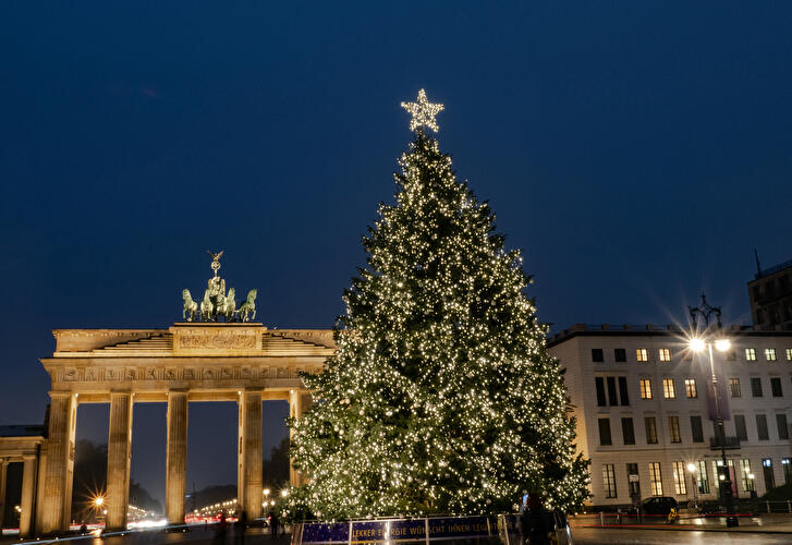 Weihnachtsbaum am Brandenburger Tor leuchtet