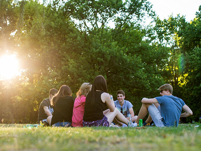 Mehrere Jugendliche sitzen zusammen auf der Wiese in der Sonne.