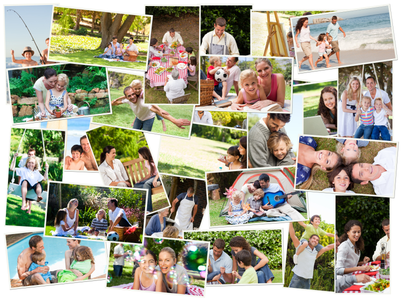 Collage mit Fotos von Familien im Freien
