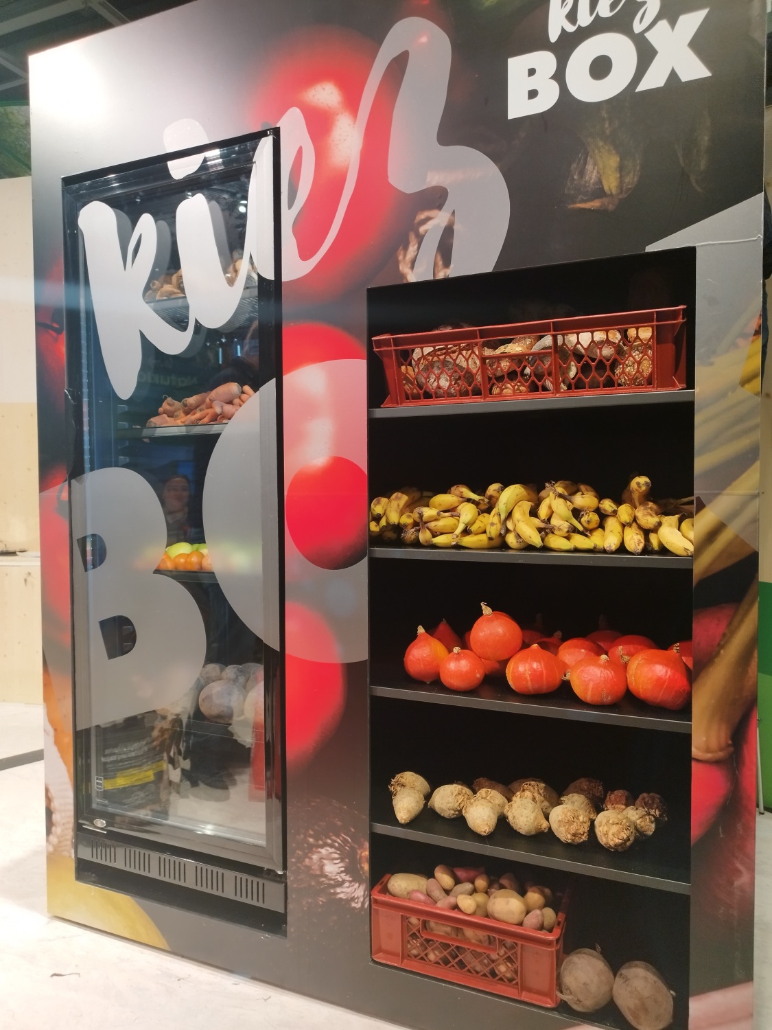 Bild der sog. Kiezbox, einem großen Kühlschrank integriet in einem Regal als Lebensmittelrettungsstation