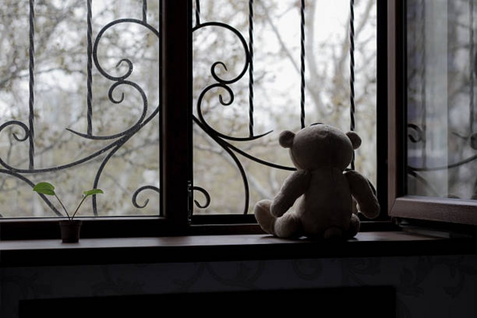 Sitzender Teddy schaut aus einem vergitterten Fenster.