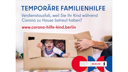 Flyer zur Temporären Familienhilfe: Bärtiger Mann und Kind schauen durch einen Karton.