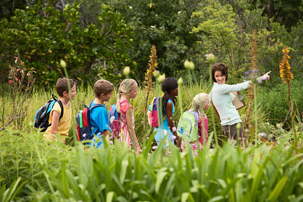 Fünfköpfige Kindergruppe auf einer blühenden Wiese, eine Erwachsene vor ihnen zeigt in die Ferne.