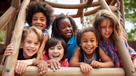 Lachende Kinder verschiedener Hautfarben in einem Klettergerüst.