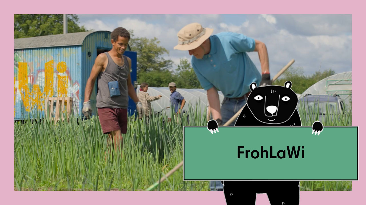Vorschaubild für das Video Solidarische Landwirtschaft: die FrohLaWi vor den Toren Frohnaus. Abgebildet gärtnernde Personen auf einem Feld.