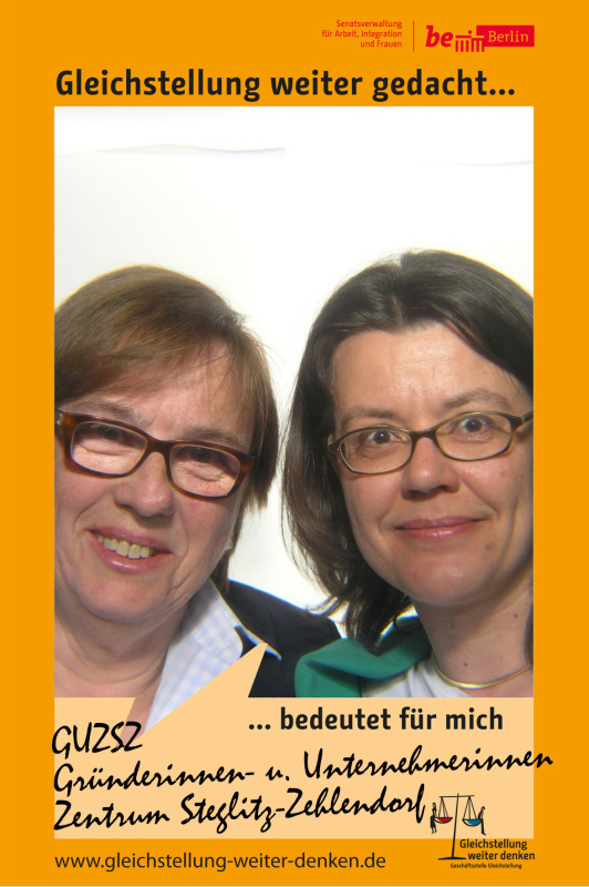 Zwei Frauen im Fotoboxrahmen Gleichstellung weiter gedacht bedeutet für mich: "GUZSZ - Gründerinnen- und Unternehmerinnen Zentrum Steglitz-Zehlendorf"