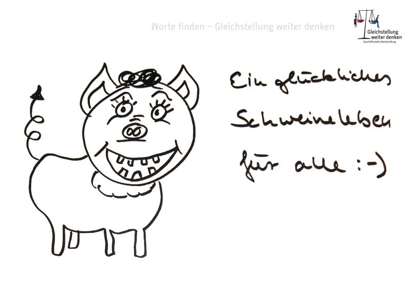 Gästebucheintrag: Skizze von einem Schwein "Ein glückliches Schweineleben für alle"