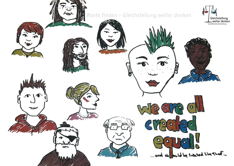 Gästebucheintrag: Unterschiedliche Köpfe gemalt mit einem kurzen Eintrag "We are all created equal!.."
