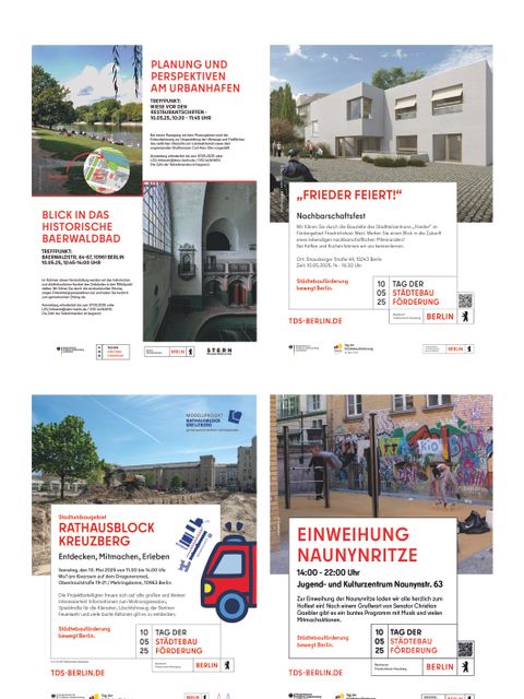 Tag der Städtebauförderung 2025 in Friedrichshain-Kreuzberg, Einladungsplakate (Bild: Stadtentwicklungsamt Friedrichshain-Kreuzberg)