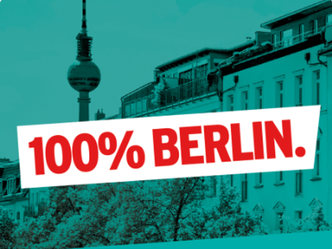 rbb 88.8 - 100% Berlin auf türkisem Hintergrund