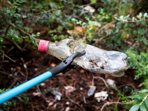 In einem Gebüsch wird eine alte Plastikflasche gefunden und aufgesammelt