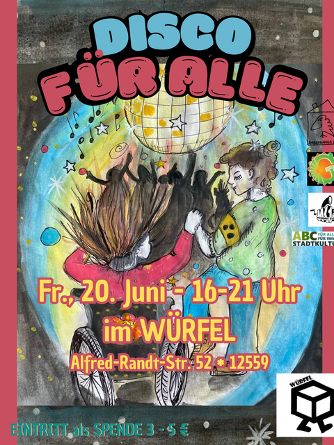Plakat für die "Disco für Alle" in der JFE Würfel