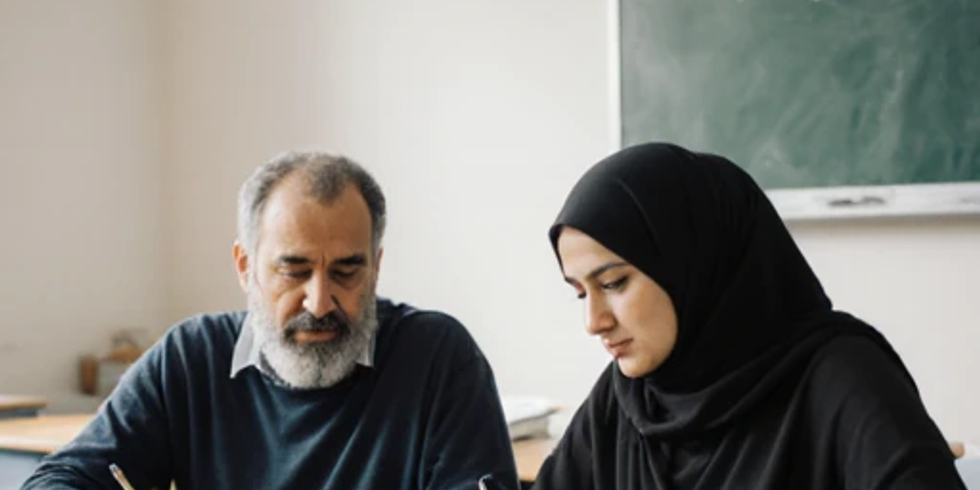 Elternkurse, ein ca. 40-jähriger Mann und eine ca. 30-jährige Frau aus Syrien arbeiten an einem Arbeitsblatt an einem Schultisch in einem KLassenraum.