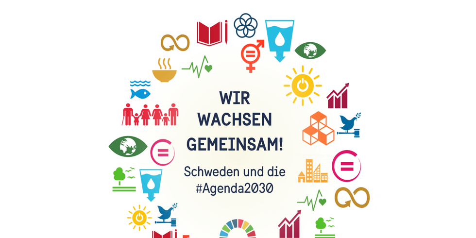 Logo zur Agenda 2030 von Schweden, Darstellung im Kreis von Icons Familie Auge Bauen Wald Fisch Sonne Wasser Bildung