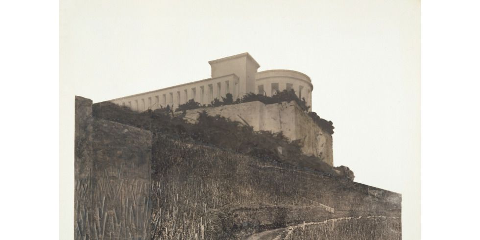 MiesHaus - Ausstellung Ludwig Mies van der Rohe, Entwurf für ein Bismarckdenkmal bei Bingen, Fotomontage, 1910