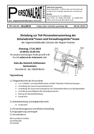 10a/2022: Einladung zur Teilpersonalversammlung der Schulsekretär*innen und Verwaltungsleiter*innen