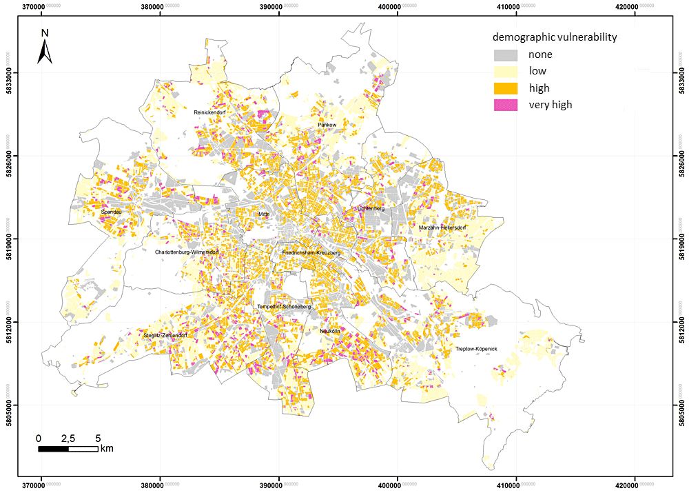 Fig. 15: Demographic vulnerability as compared to thermal stress - Spatial analysis at the level of block areas in Berlin (Image: Umweltatlas Berlin)
