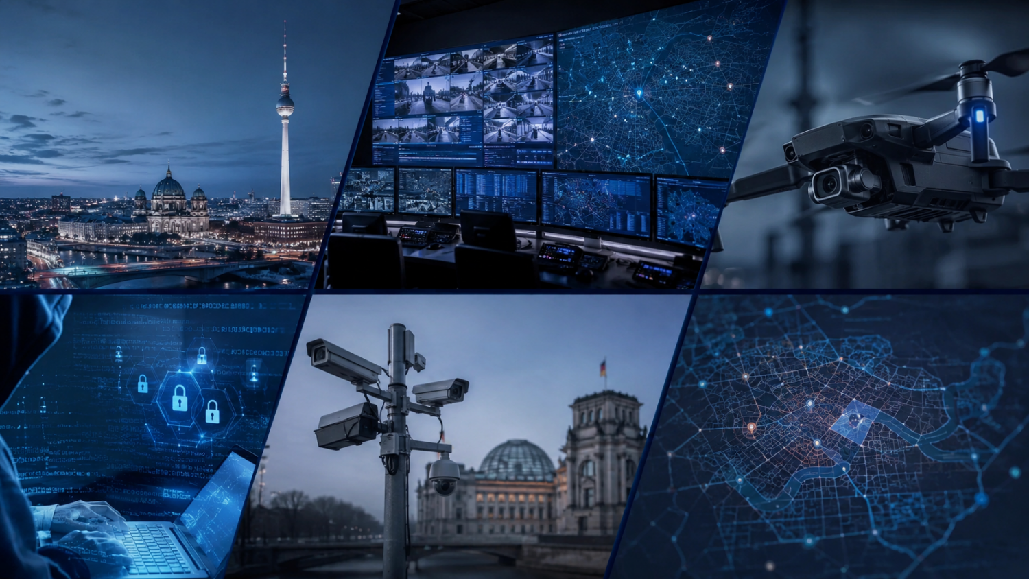 Sechs Einzelbilder im Blauton, Alex, Drohne, Überwachungskameras, Lagebildüberblick, Karte Berlin sowie Hacker am Laptop