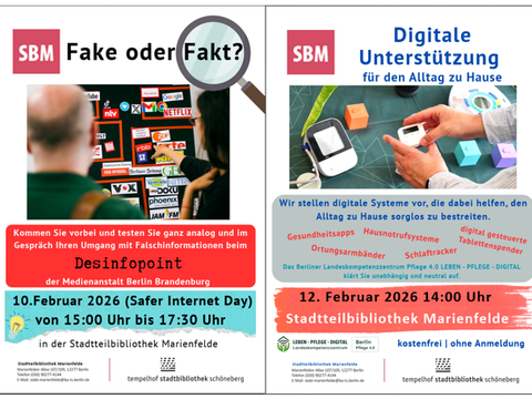 Plakatabbildungen zur Ankündigung des Desinfopoints und des Vortrags Pflege 4.0