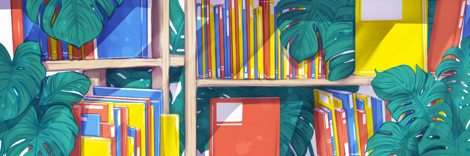 Zeichnung von Bücherregalen und Pflanzen