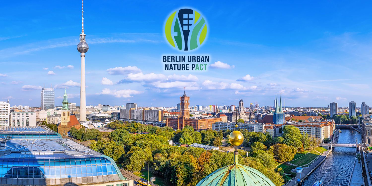 Ein Panoramablick über Berlin, im Zentrum der Alexanderplatz mit Marienkirche, Fernsehturm und Rotem Rathaus. Davor eine Grünfläche mit üppig grünen Bäumen. Links im Vordergrund erstreckt sich ein eckiges Glasdach, rechts am Bildrand verläuft die Spree und passiert das Nikolaiviertel. Am blauen Himmel prangt ein rundes Logo, eine stilisierte Hausfassade wird von dunkel- und hellgrünen geschwungenen Linien verdeckt. Darunter steht in dunkelblau: BERLIN URBAN NATURE PACT. Die Buchstaben ACT sind grün.
