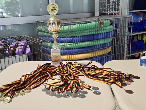 Die Sieger*innen des Bezirksentscheids erhalten eine Medaille und tragen diesen Wanderpokal in ihre Schule