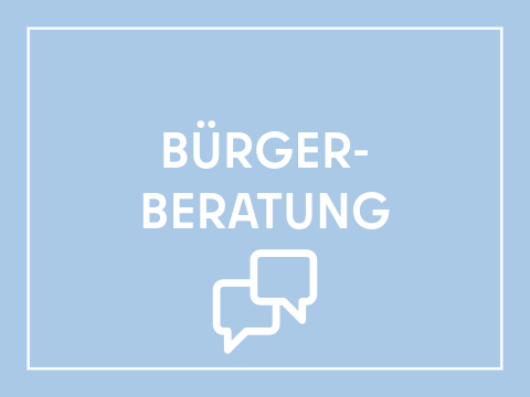 Kachel Schriftzug "Bürgerberatung", Symbol: Sprechblasen. Weiße Schrift auf hellblauem Hintergrund