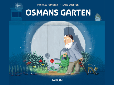 Buchcover Osmans Garten mit einem alten Mann, der vor einer Mauer bunte Blumen gießt