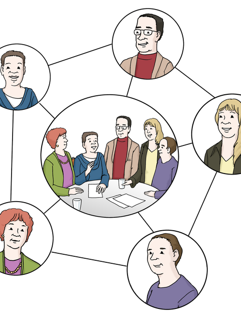 Leichte Sprache Bild: Netzwerk - innen ein großer Kreis mit 4 diskutierenden Menschen, drum herum sind 5 Kreise mit einzel Personen. Alle kreise sind mit Linien verbunden