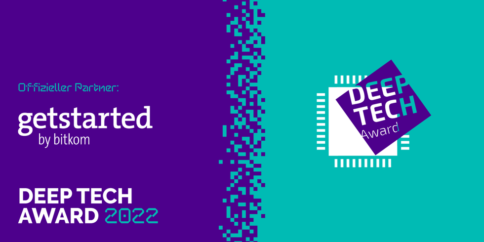 get started by bitkom Logo auf türkis-lila Hintergrund neben dem Deep Tech Award Logo