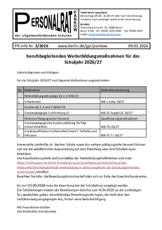 03/2026: berufsbegleitende Weiterbildungsmaßnahmen für das Schuljahr 2026/2027