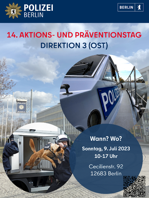 Plakat zum Aktions- und Präventionstag - im Hintergrund Polizeigebäude in der Cecilienstraße sowie ein Bild mit einem Polizeifahrzeug und ein Bild mit einem Polizeihund im Aktion sowie ein Angabe von Ort und Zeit, die in Kreisform im Vordergrund angeordnet sind.