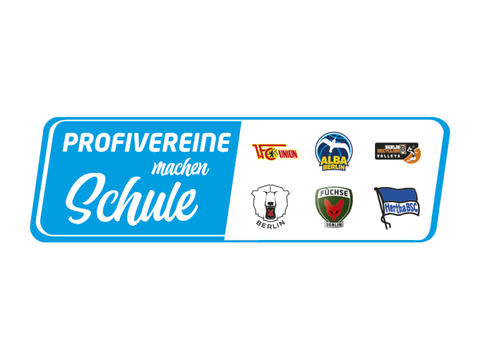 Logo "Profivereine machen Schule". Schriftzug und Logos der Berliner Profisport Vereine