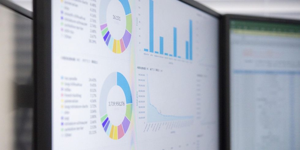 Unscharfe Zahlen und Grafiken auf zwei Bildschirmmonitoren