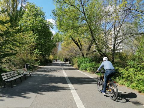 Asphaltpromenade mit Radfahrstreifen und Bank, Radfahrer