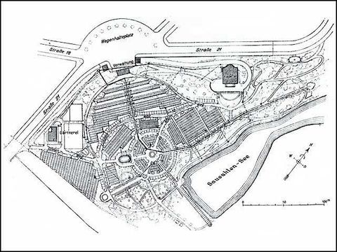 Lageplan des westlichen Teiles des Friedhofes mit Bepflanzung und Wasserleitung (Deutsche Bauzeitung 58. 1924, S. 506)