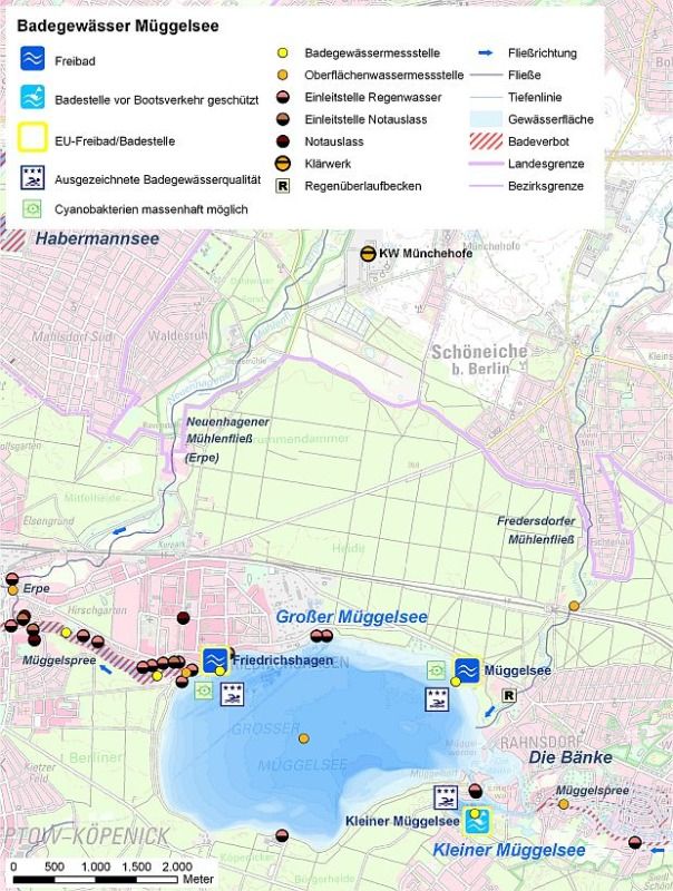 Abb. 1: Übersicht der Badegewässer Großer und Kleiner Müggelsee mit EU-Badestellen, Probenahmestellen und Einleitstellen.