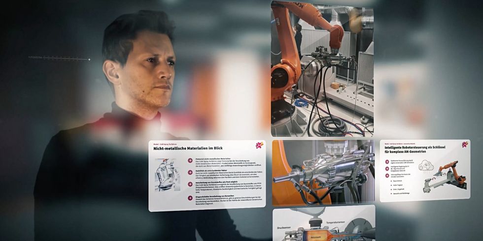 Eine Montage wie ein Mann vor einer virtuellen Wand steht