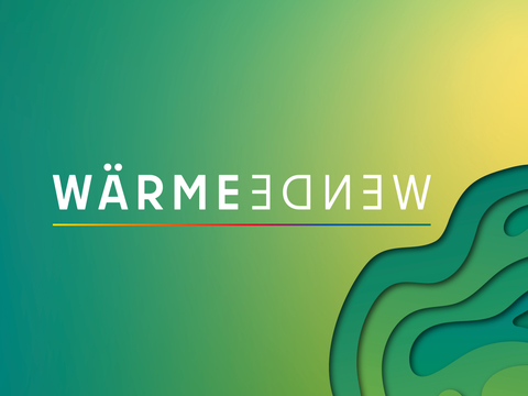 Grüner Farbverlauf mit organischen Schichten rechts, Logo "Wärmewende" links.